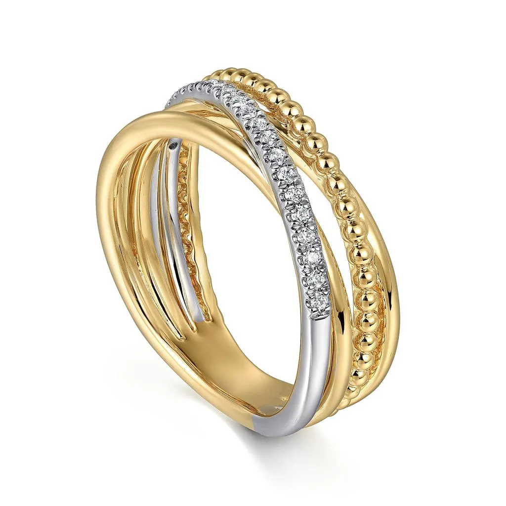 0.11ctw Round Diamond Criss-Cross   Bujukan Ring, Size 6.5 - 14K Multi-Tone Gold