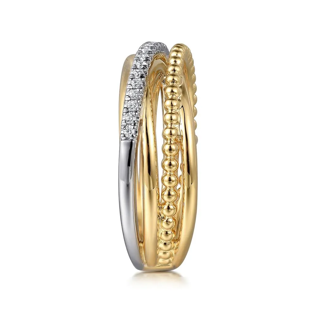 0.11ctw Round Diamond Criss-Cross   Bujukan Ring, Size 6.5 - 14K Multi-Tone Gold