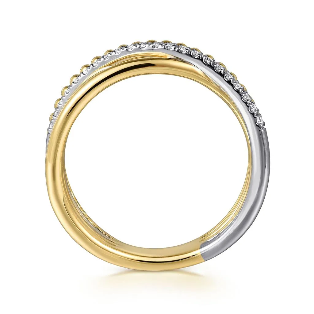 0.11ctw Round Diamond Criss-Cross   Bujukan Ring, Size 6.5 - 14K Multi-Tone Gold