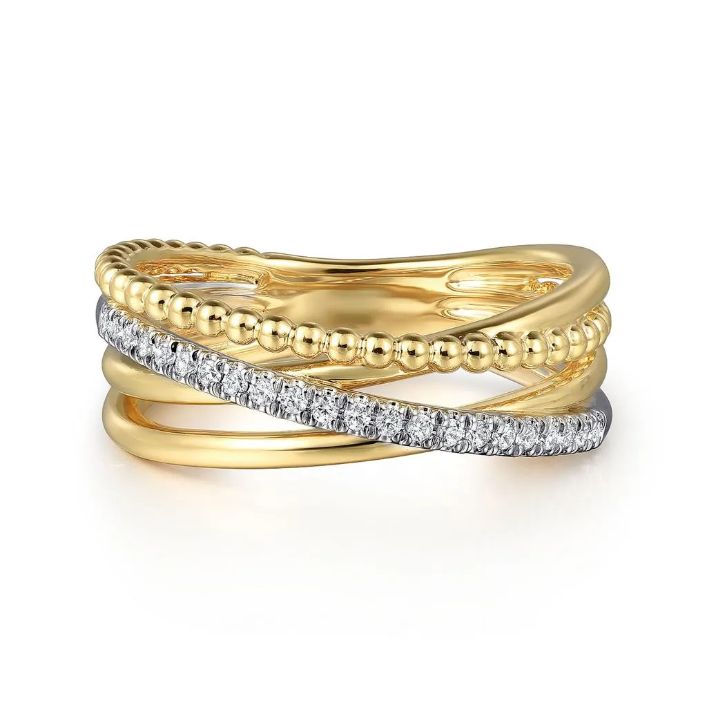 0.11ctw Round Diamond Criss-Cross   Bujukan Ring, Size 6.5 - 14K Multi-Tone Gold