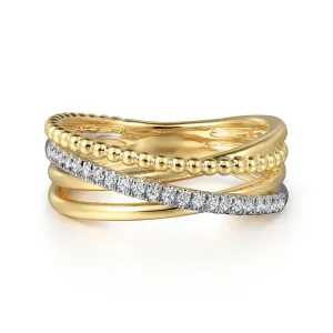 0.11ctw Round Diamond Criss-Cross   Bujukan Ring, Size 6.5 - 14K Multi-Tone Gold