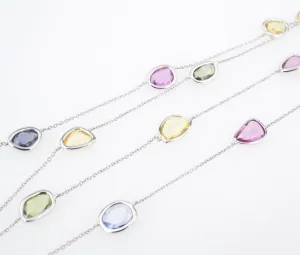 14k Station Necklace Rainbow Sapphire White Gold Multicolor 24ctw 36" New CO1062