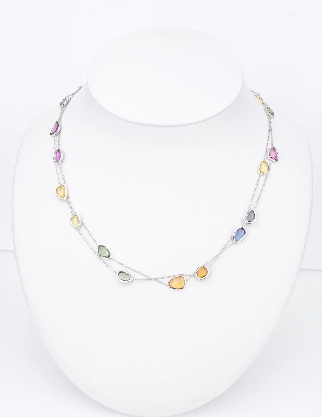 14k Station Necklace Rainbow Sapphire White Gold Multicolor 24ctw 36" New CO1062