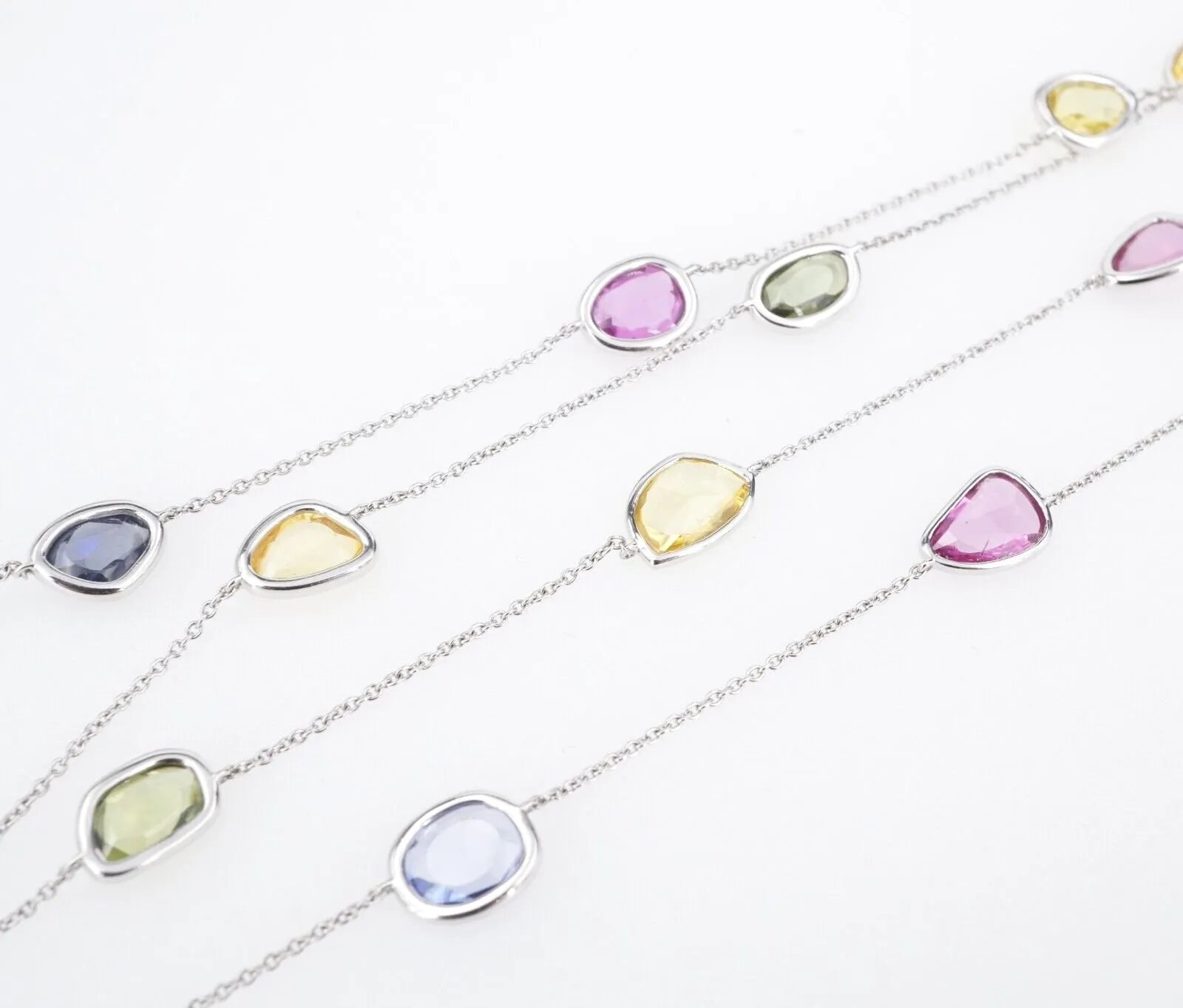 14k Station Necklace Rainbow Sapphire White Gold Multicolor 24ctw 36" New CO1062