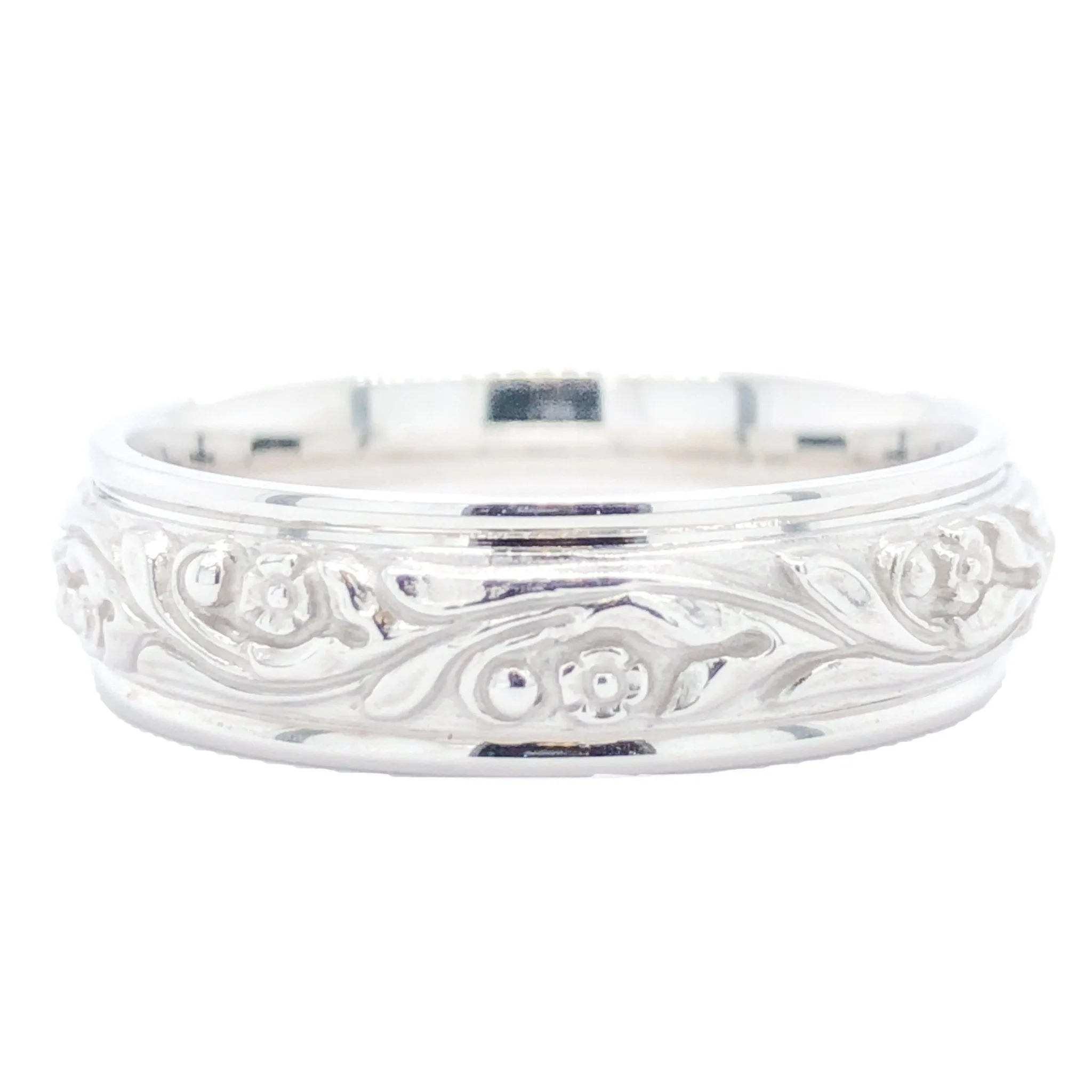14K W Gold Men's 6mm Engraved Wedding Band