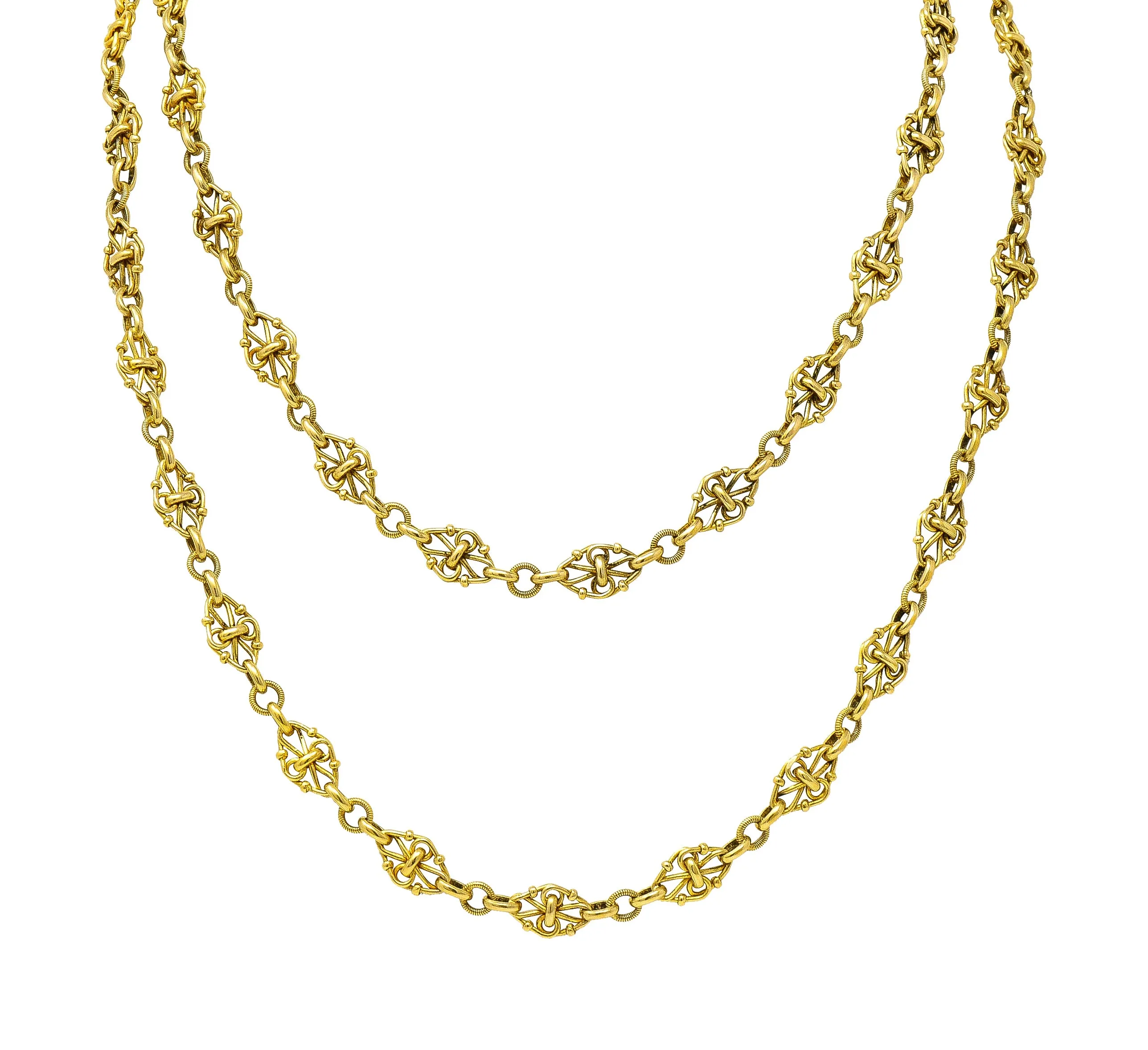 1800's Victorian 18 Karat Yellow Gold 35 1/2 Inch Long Quatrefoil Antique Chain Necklace