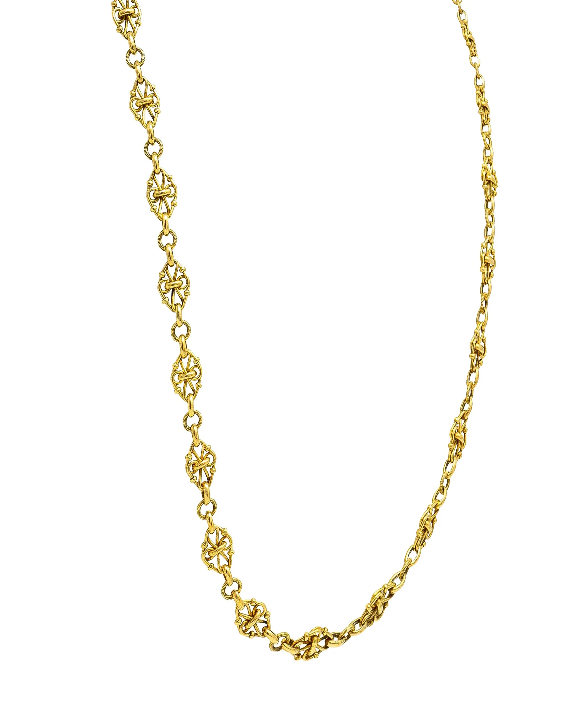1800's Victorian 18 Karat Yellow Gold 35 1/2 Inch Long Quatrefoil Antique Chain Necklace