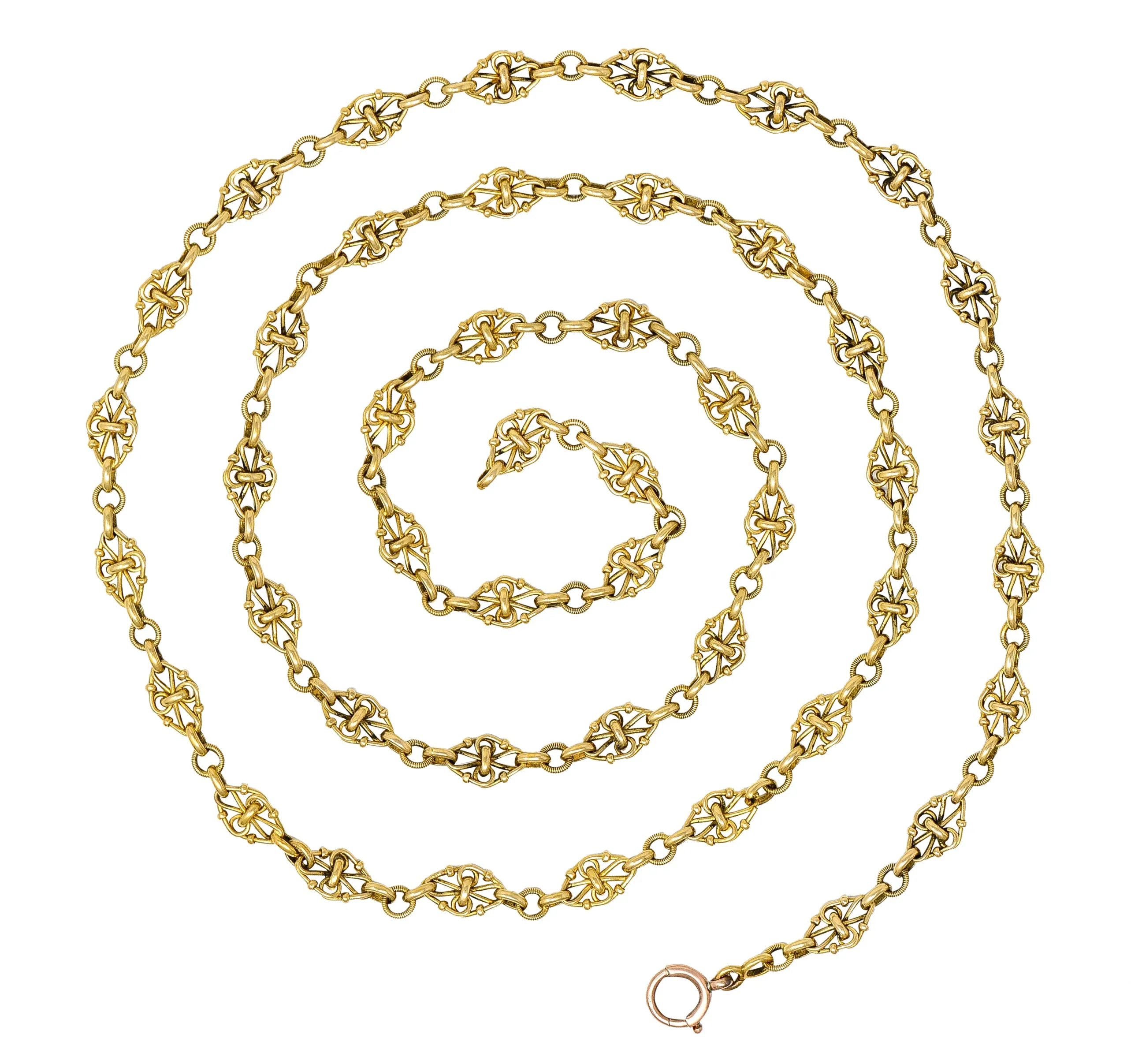 1800's Victorian 18 Karat Yellow Gold 35 1/2 Inch Long Quatrefoil Antique Chain Necklace
