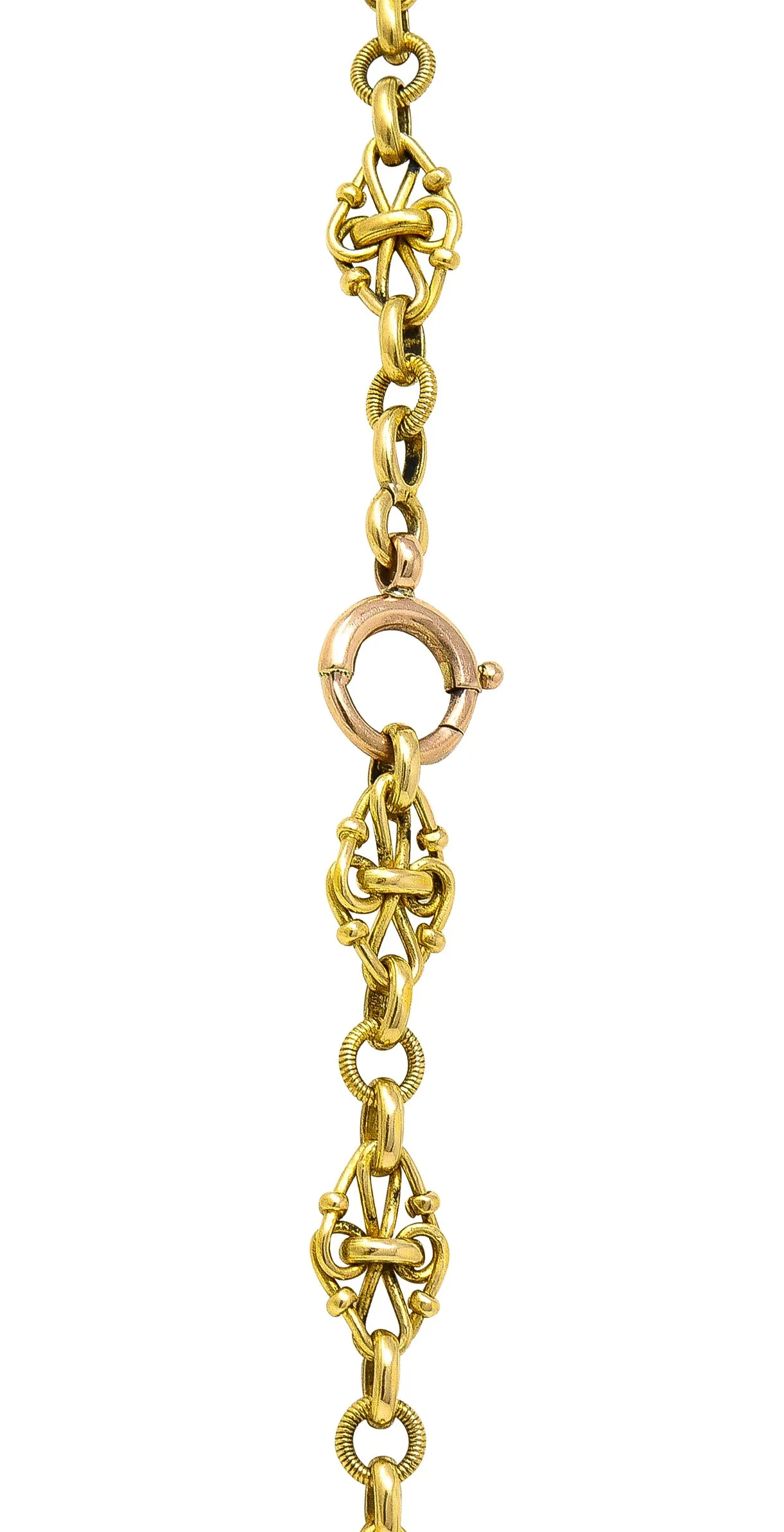 1800's Victorian 18 Karat Yellow Gold 35 1/2 Inch Long Quatrefoil Antique Chain Necklace