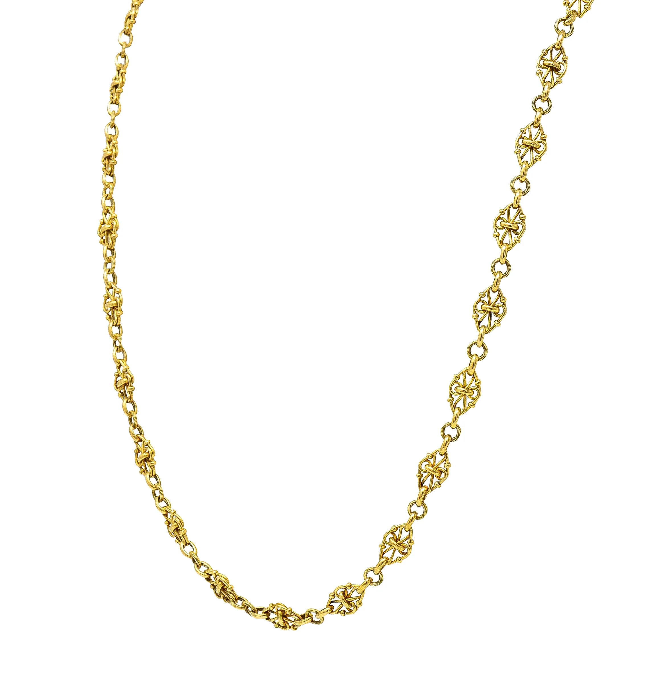 1800's Victorian 18 Karat Yellow Gold 35 1/2 Inch Long Quatrefoil Antique Chain Necklace