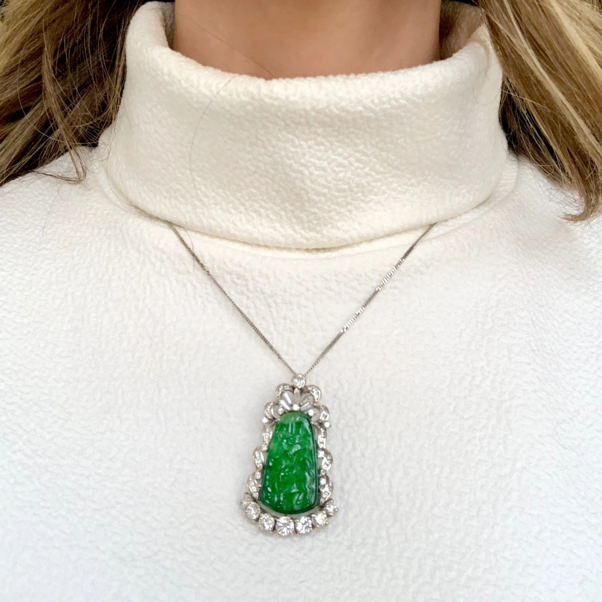 1950s Platinum & 18KT White Gold Jade & Diamond Necklace