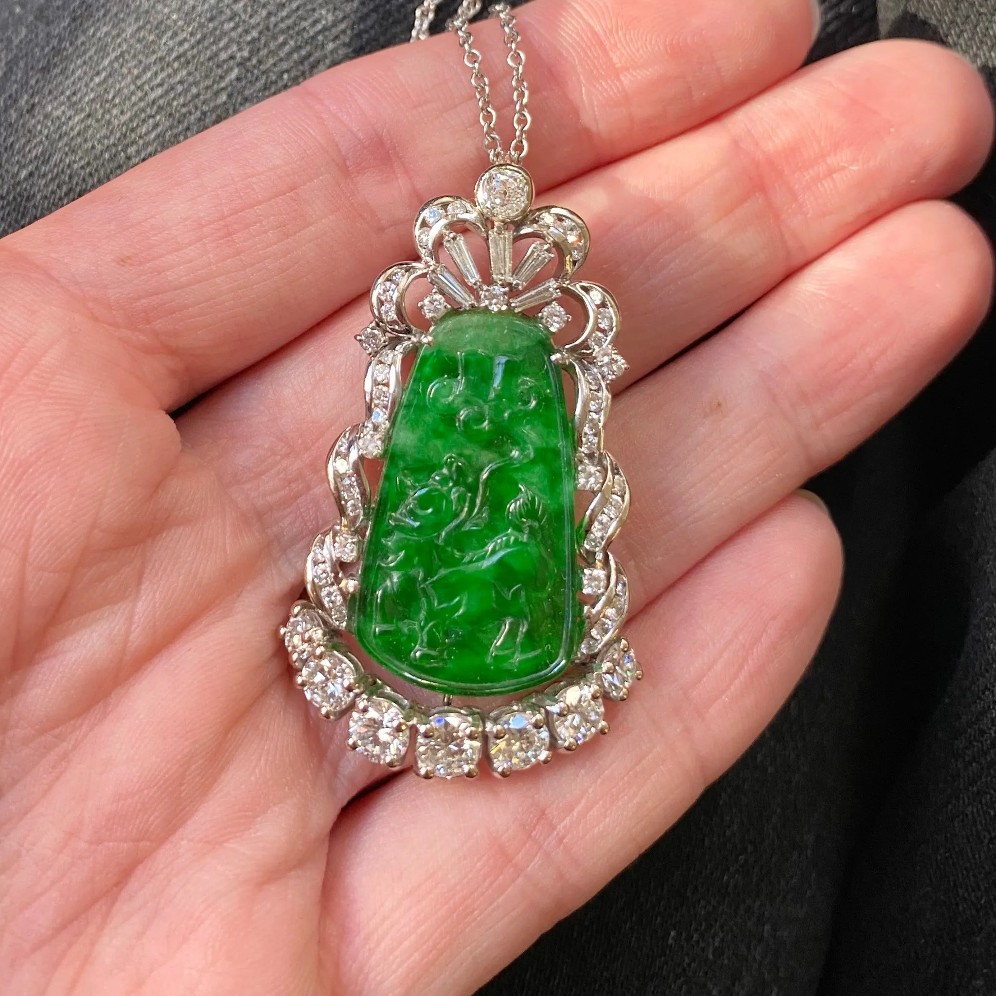 1950s Platinum & 18KT White Gold Jade & Diamond Necklace