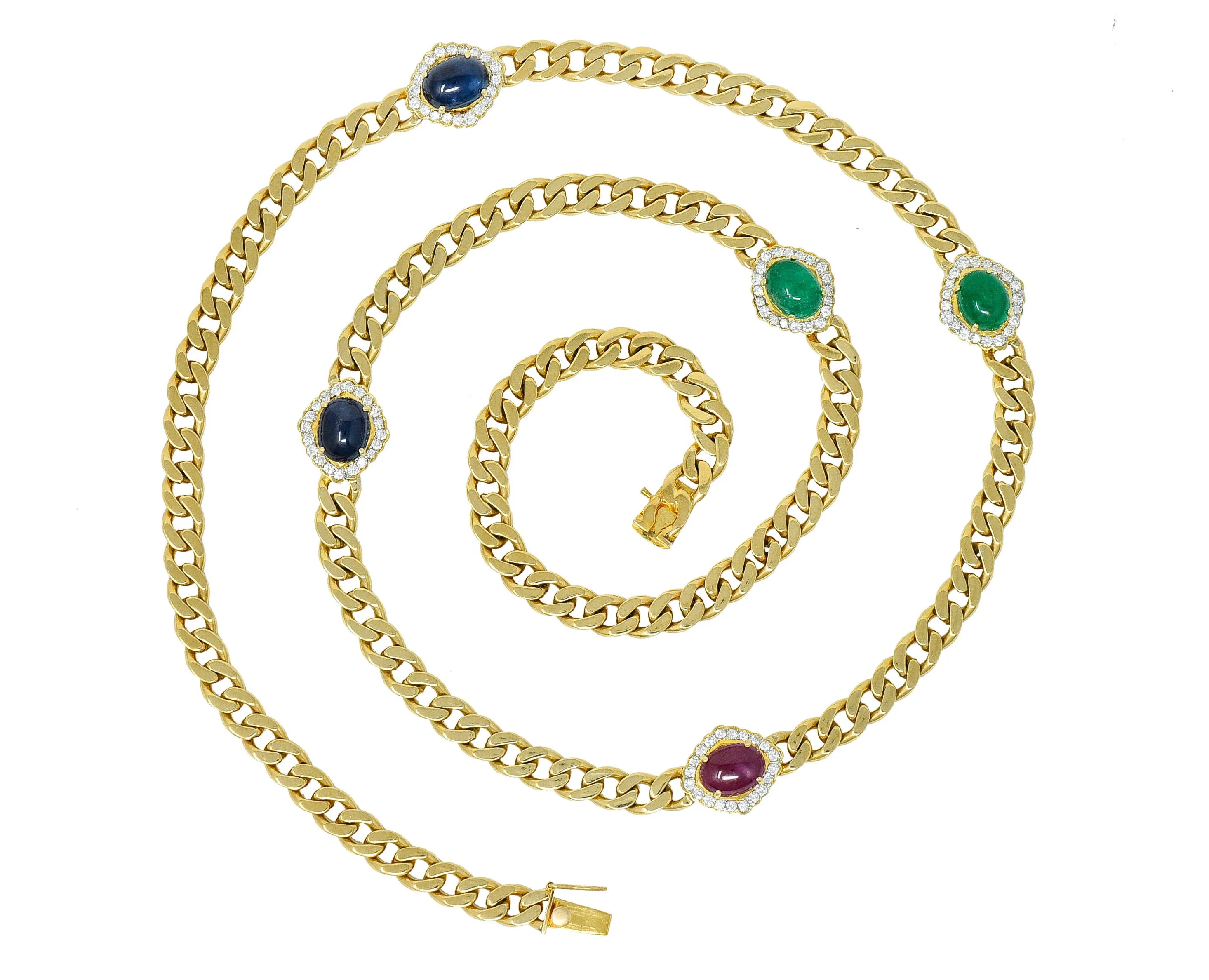 1980's Vintage Sapphire Emerald Ruby Diamond 18 Karat Gold Station Necklace
