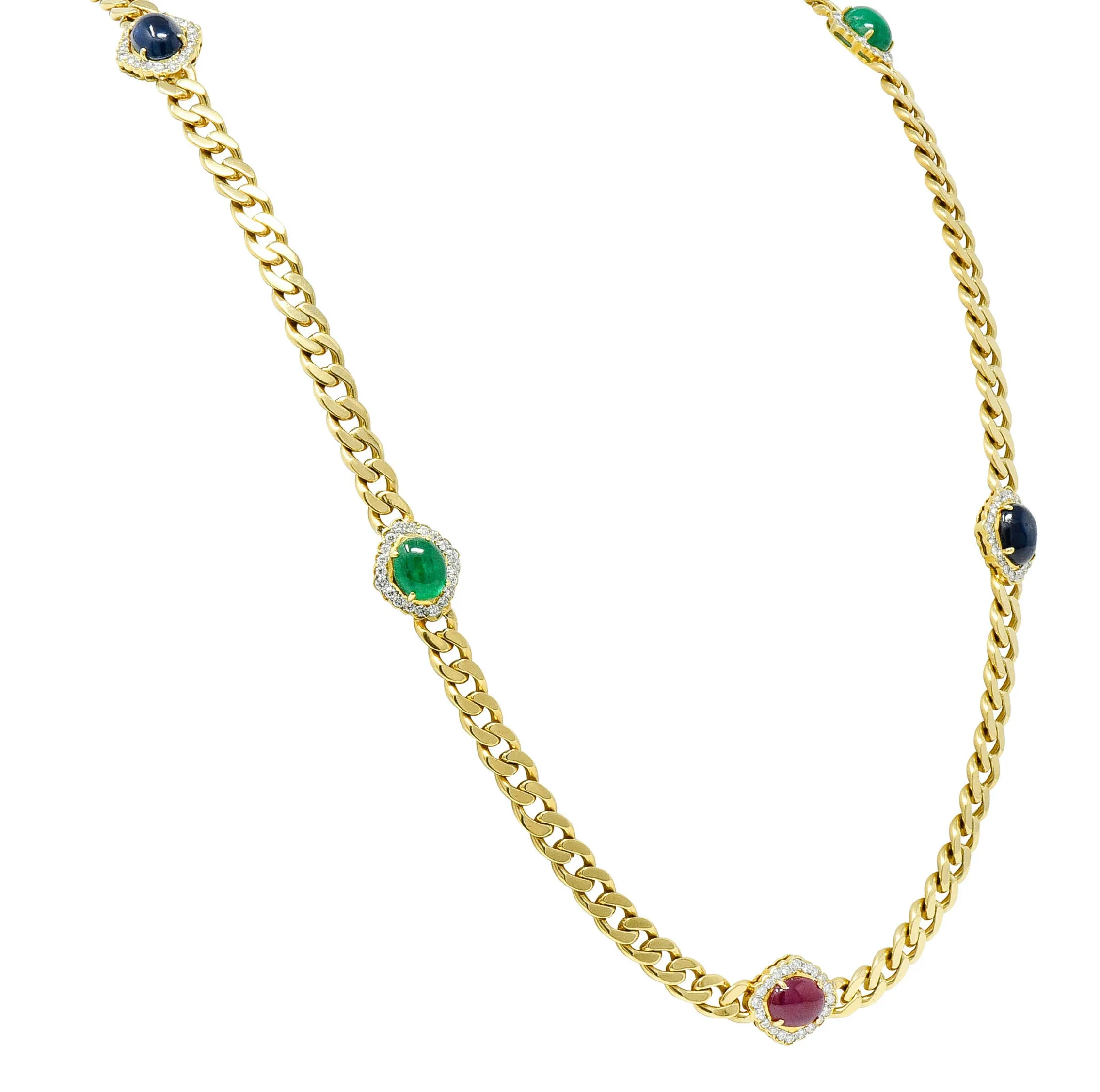 1980's Vintage Sapphire Emerald Ruby Diamond 18 Karat Gold Station Necklace