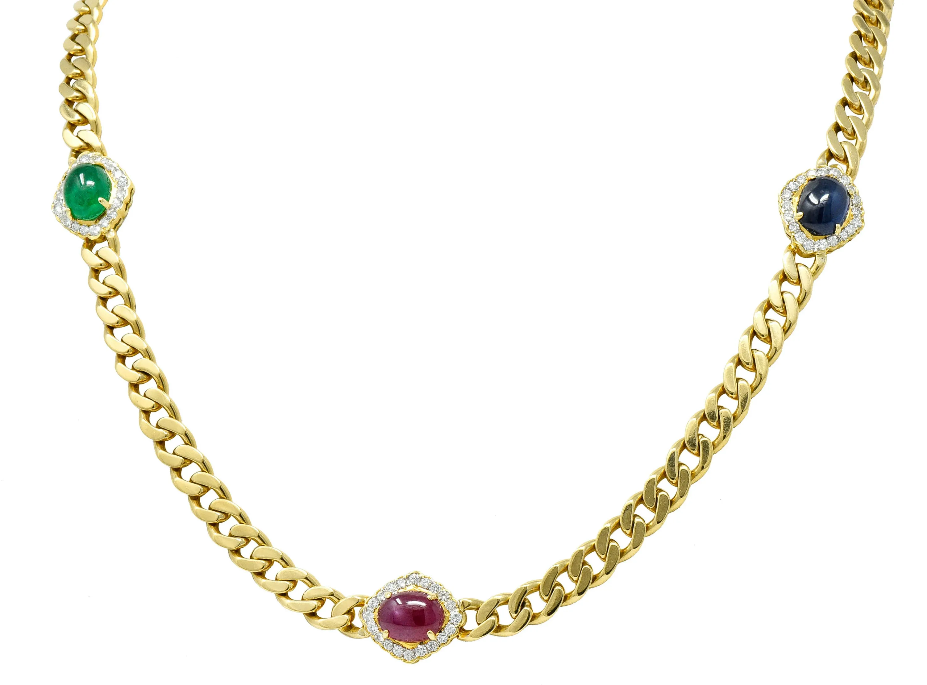 1980's Vintage Sapphire Emerald Ruby Diamond 18 Karat Gold Station Necklace