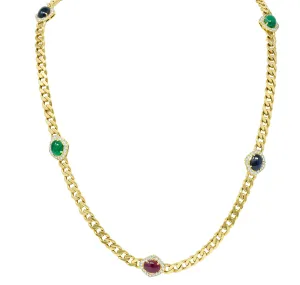 1980's Vintage Sapphire Emerald Ruby Diamond 18 Karat Gold Station Necklace