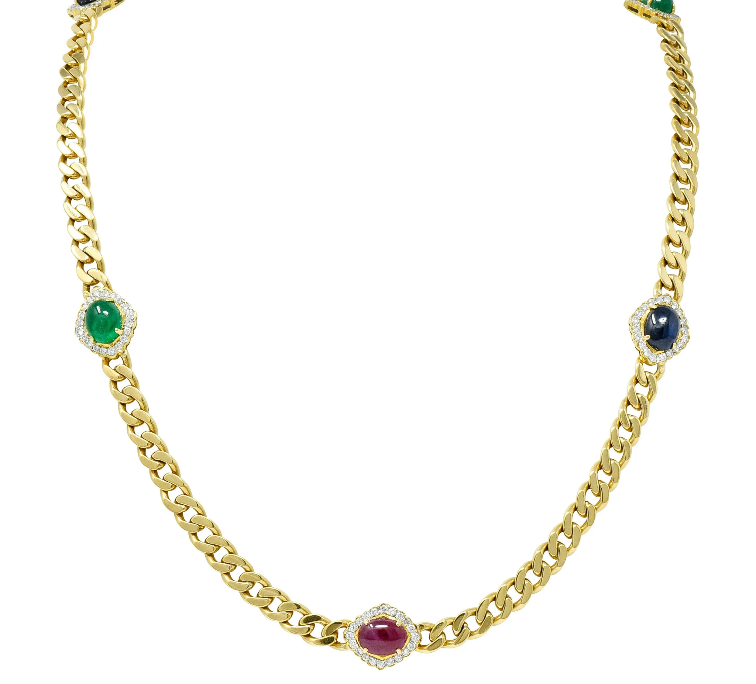 1980's Vintage Sapphire Emerald Ruby Diamond 18 Karat Gold Station Necklace