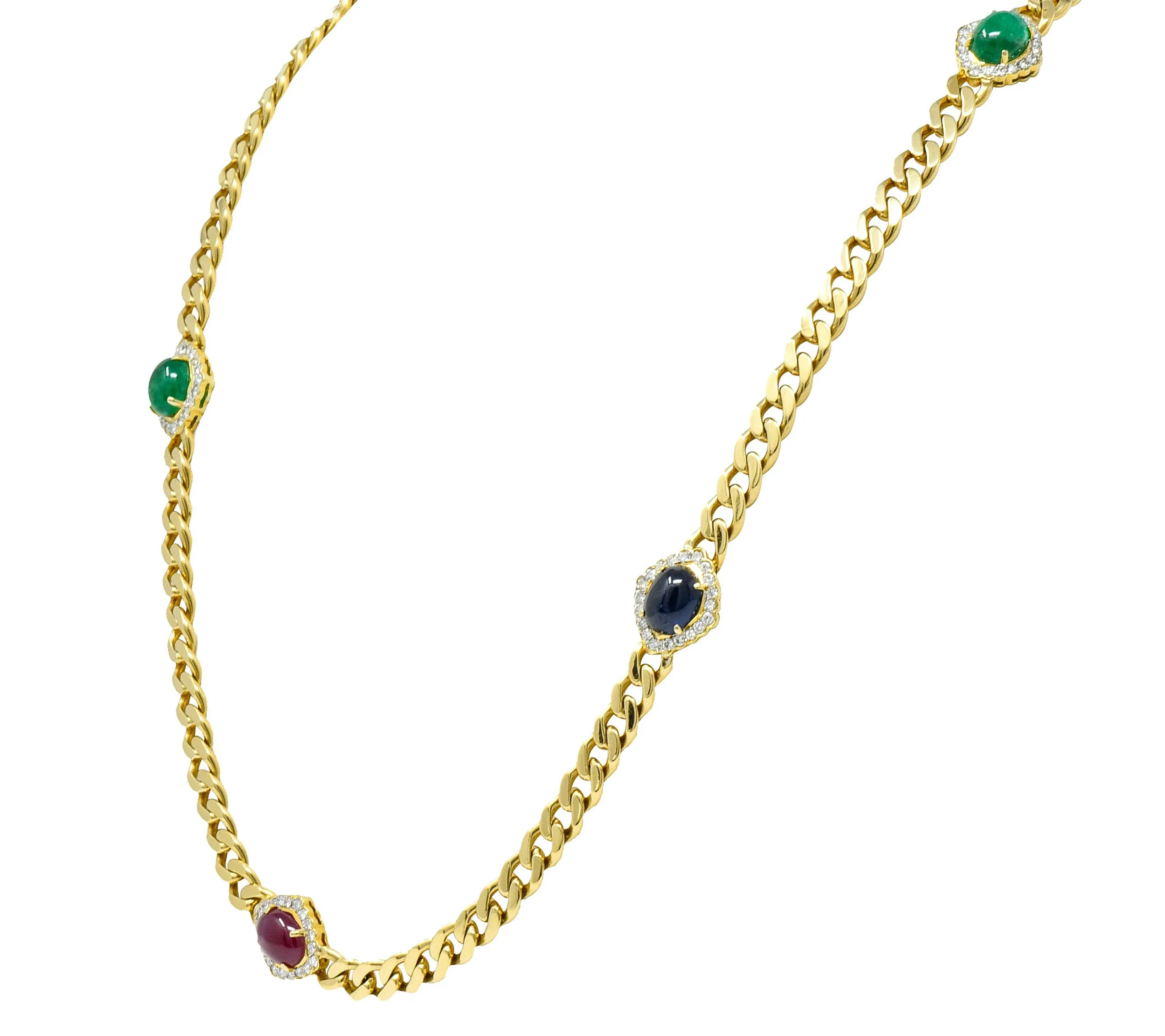 1980's Vintage Sapphire Emerald Ruby Diamond 18 Karat Gold Station Necklace