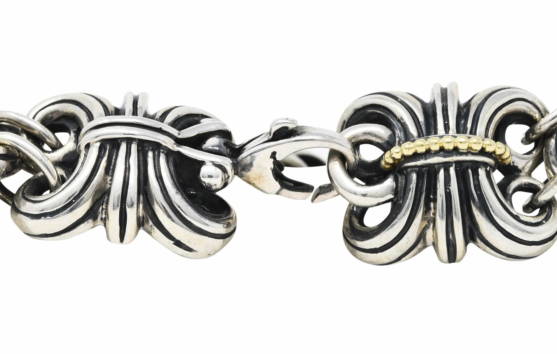 1990's Vintage Lagos 18 Karat Gold Sterling Silver Wheat Link Bracelet