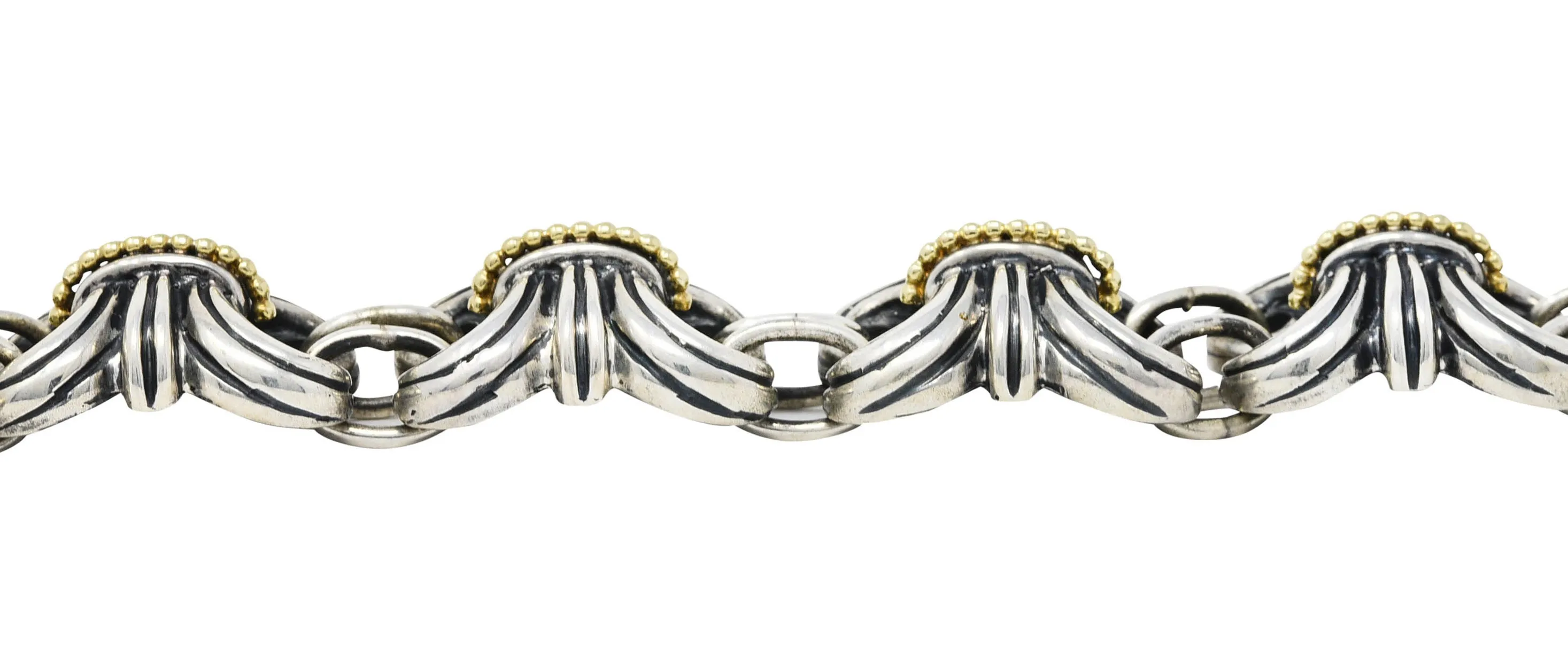 1990's Vintage Lagos 18 Karat Gold Sterling Silver Wheat Link Bracelet