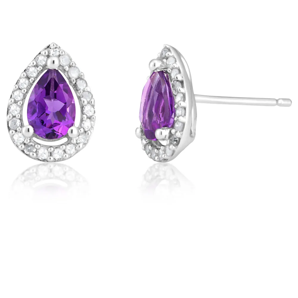 9ct White Gold Amethyst & Diamond Pear Shape Stud Earrings