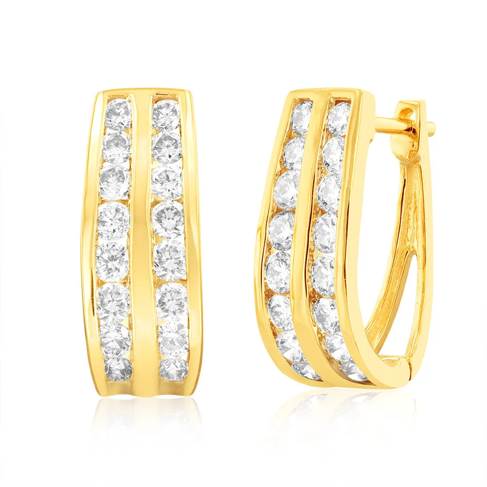 9ct Yellow Gold 1 Carat Diamond TW 2 Row Hoop Earrings