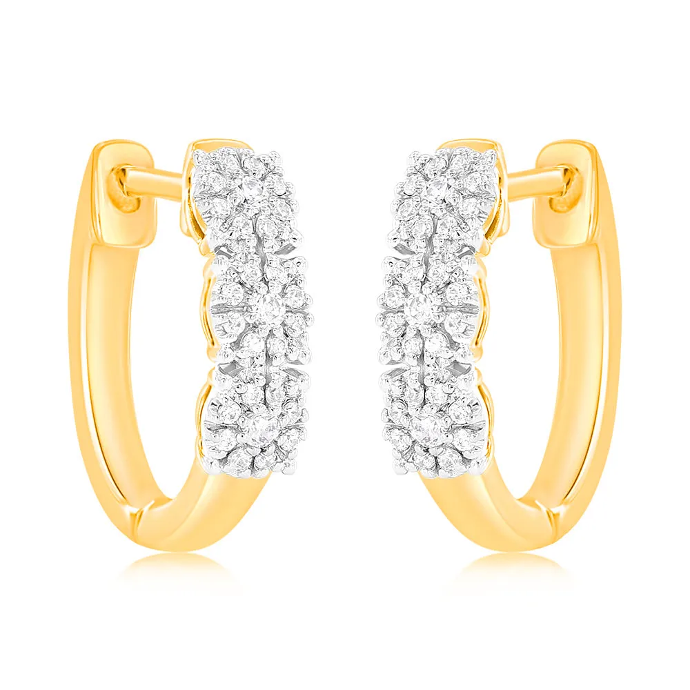 9ct Yellow Gold 1/10 Carat Diamond Hoop Earrings set with 54 Round Brilliant Cut Diamonds