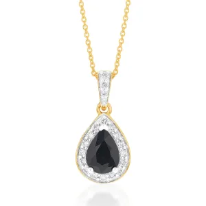 9ct Yellow Gold 1ct Natural Sapphire Pear Halo Pendant with 0.15 Carat Diamond on 45cm Chain