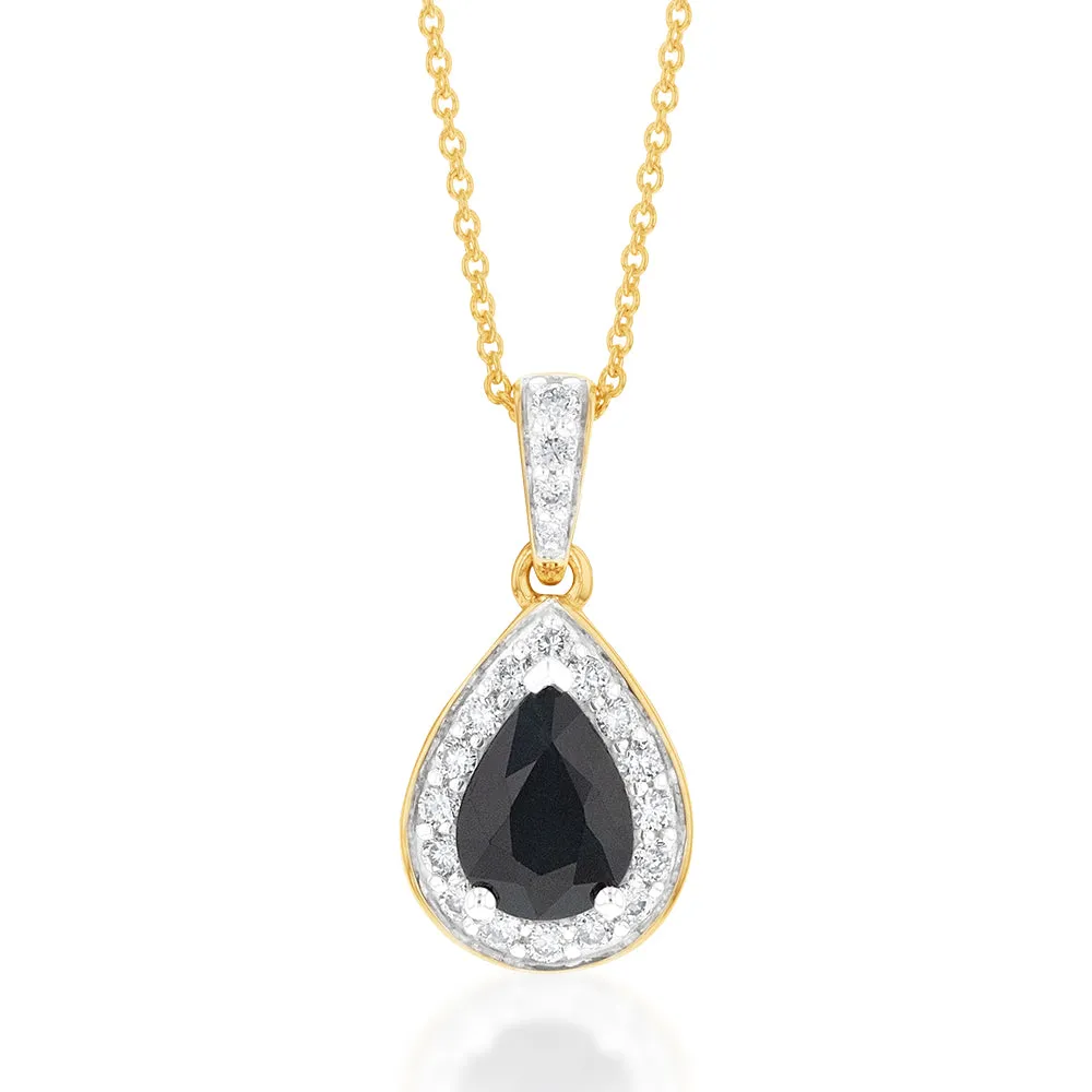 9ct Yellow Gold 1ct Natural Sapphire Pear Halo Pendant with 0.15 Carat Diamond on 45cm Chain