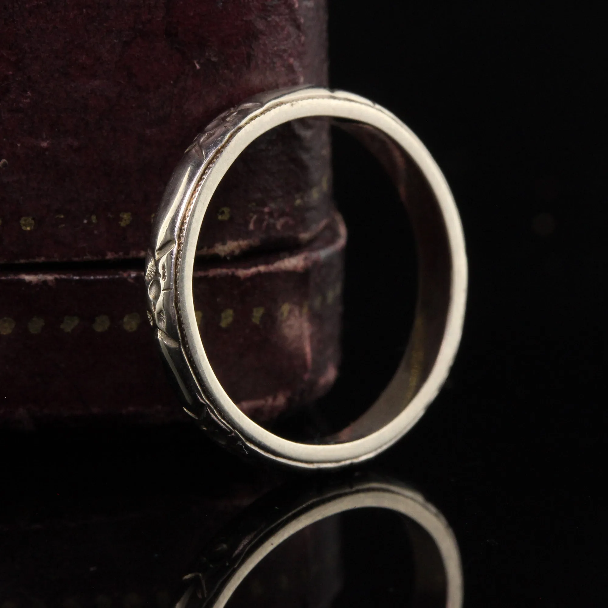 Antique Art Deco 14K White Gold Blossom Engraved Wedding Band
