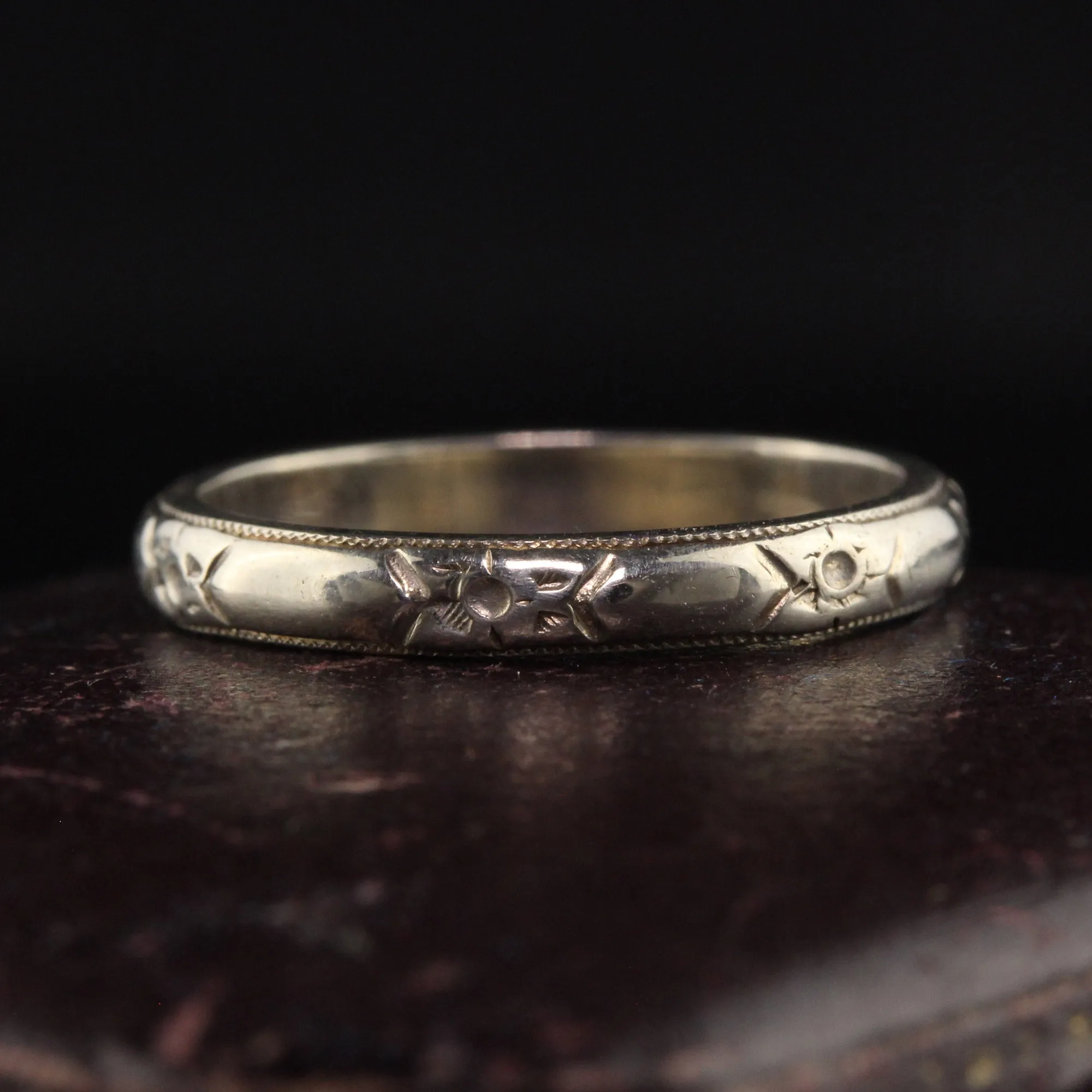 Antique Art Deco 14K White Gold Blossom Engraved Wedding Band
