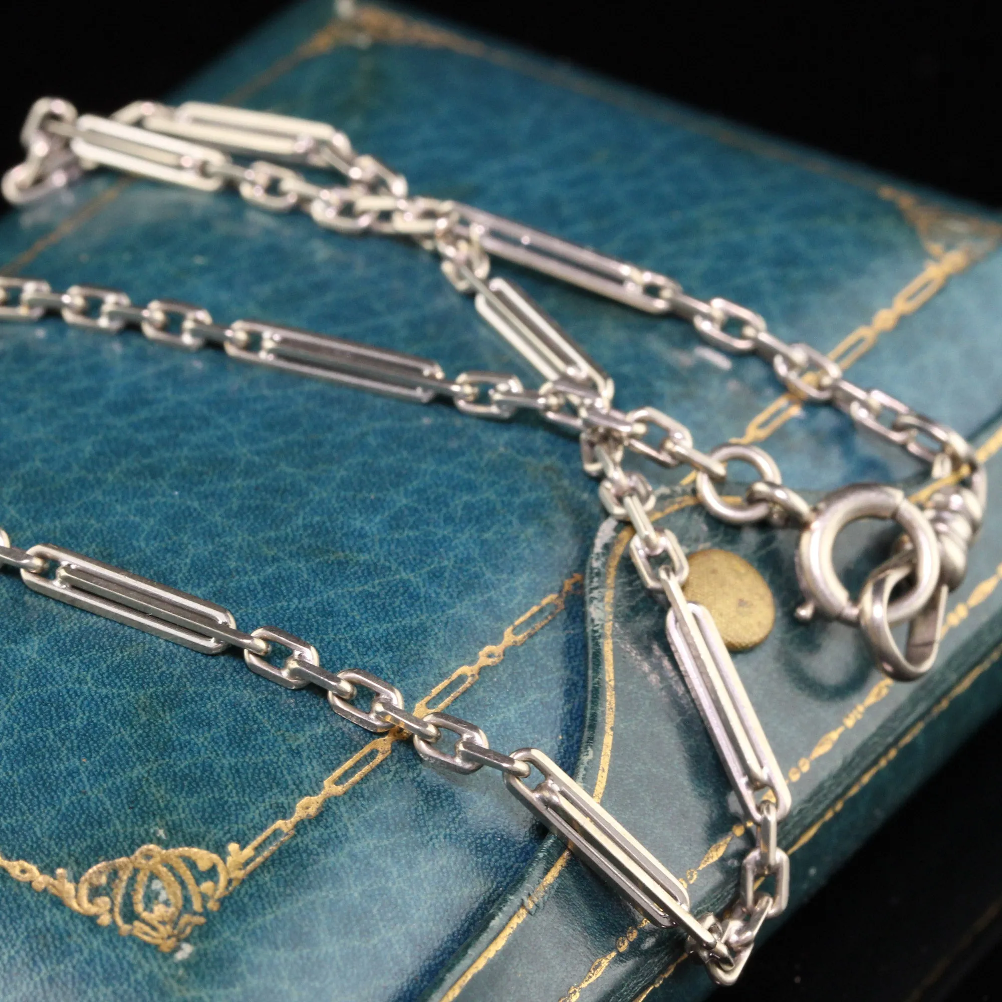 Antique Art Deco 14K White Gold Intricate Link / Watch Fob Chain