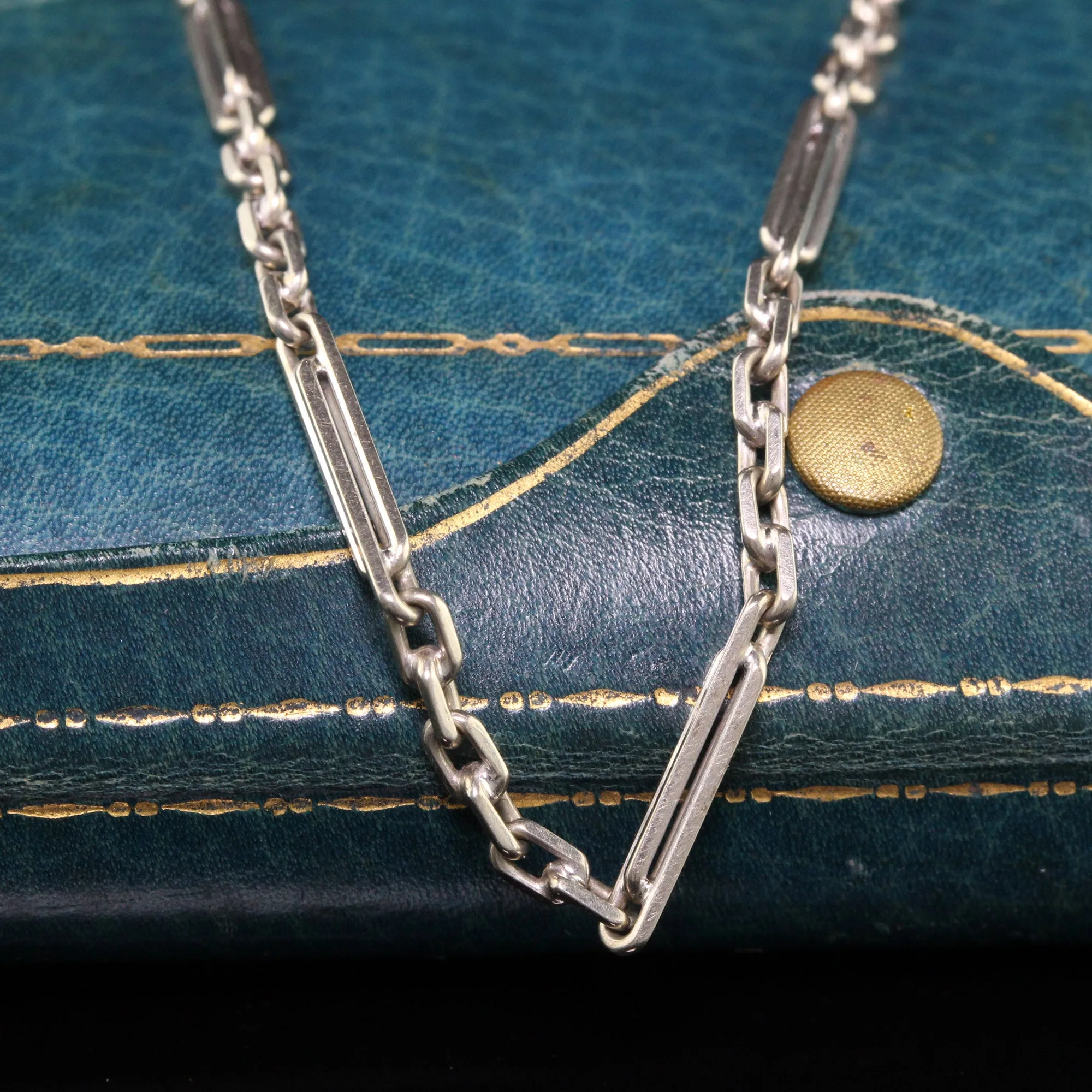 Antique Art Deco 14K White Gold Intricate Link / Watch Fob Chain