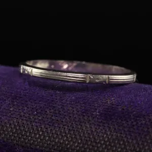 Antique Art Deco 18K White Gold Engraved Wedding Band - Size 9