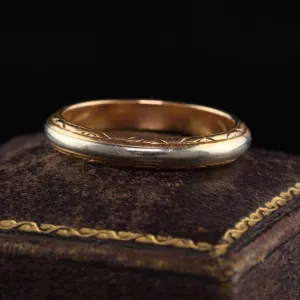 Antique Art Deco 18K Yellow Gold and White Gold Engraved Wedding Band