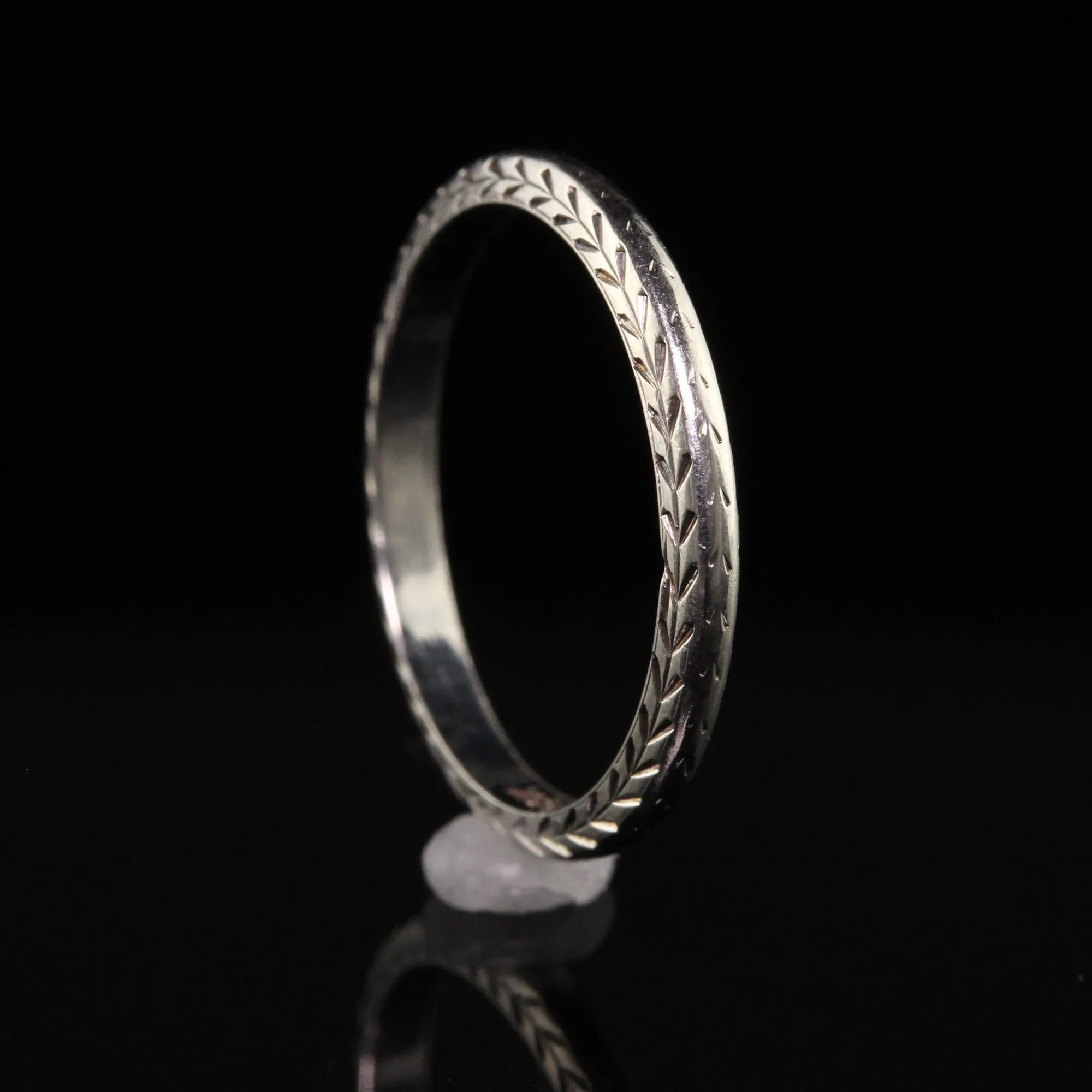 Antique Art Deco Belais 18K White Gold Engraved Wedding Band - Size 5