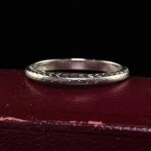 Antique Art Deco Belais 18K White Gold Engraved Wedding Band - Size 5