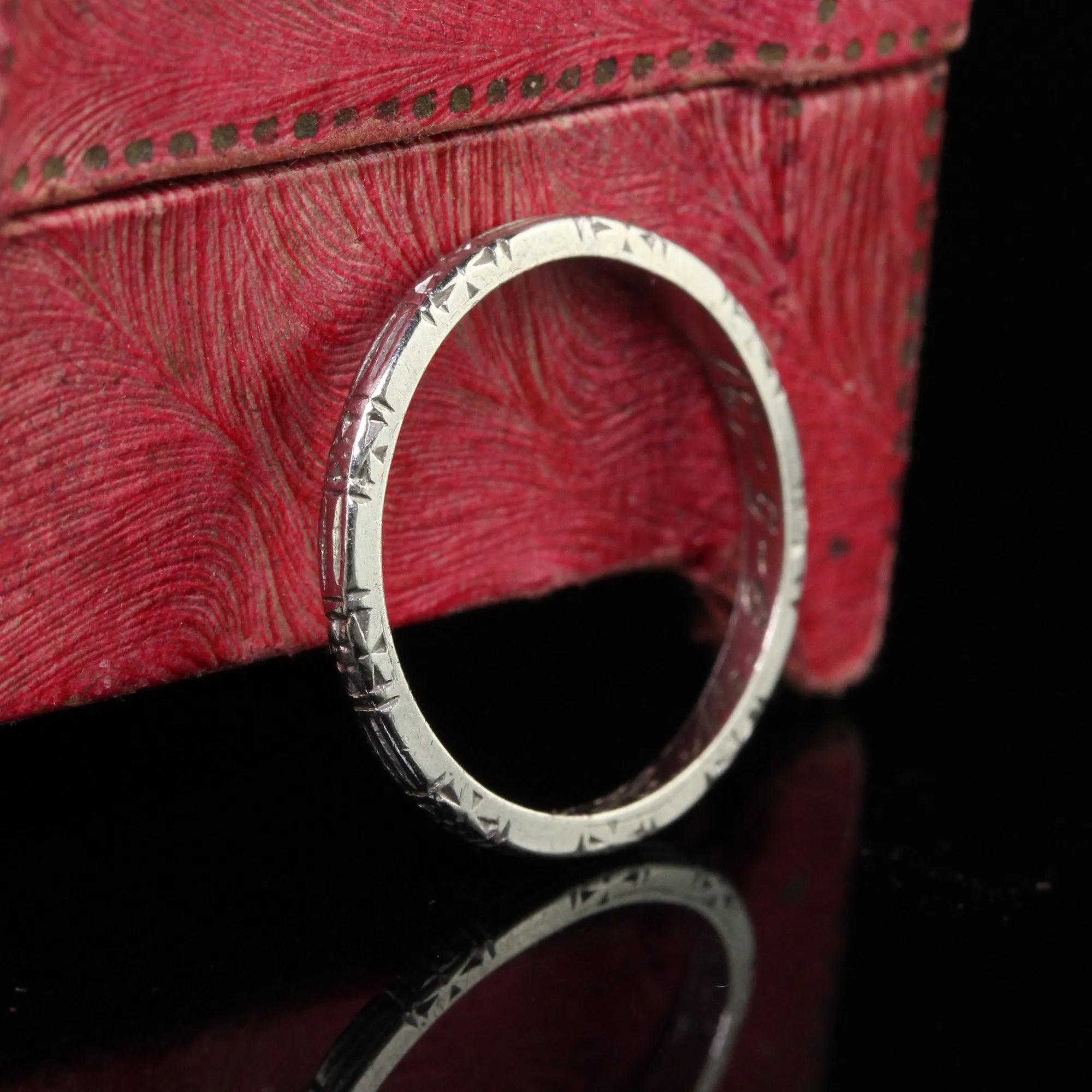 Antique Art Deco Platinum Blossom Engraved Wedding Band - Size 5 3/4