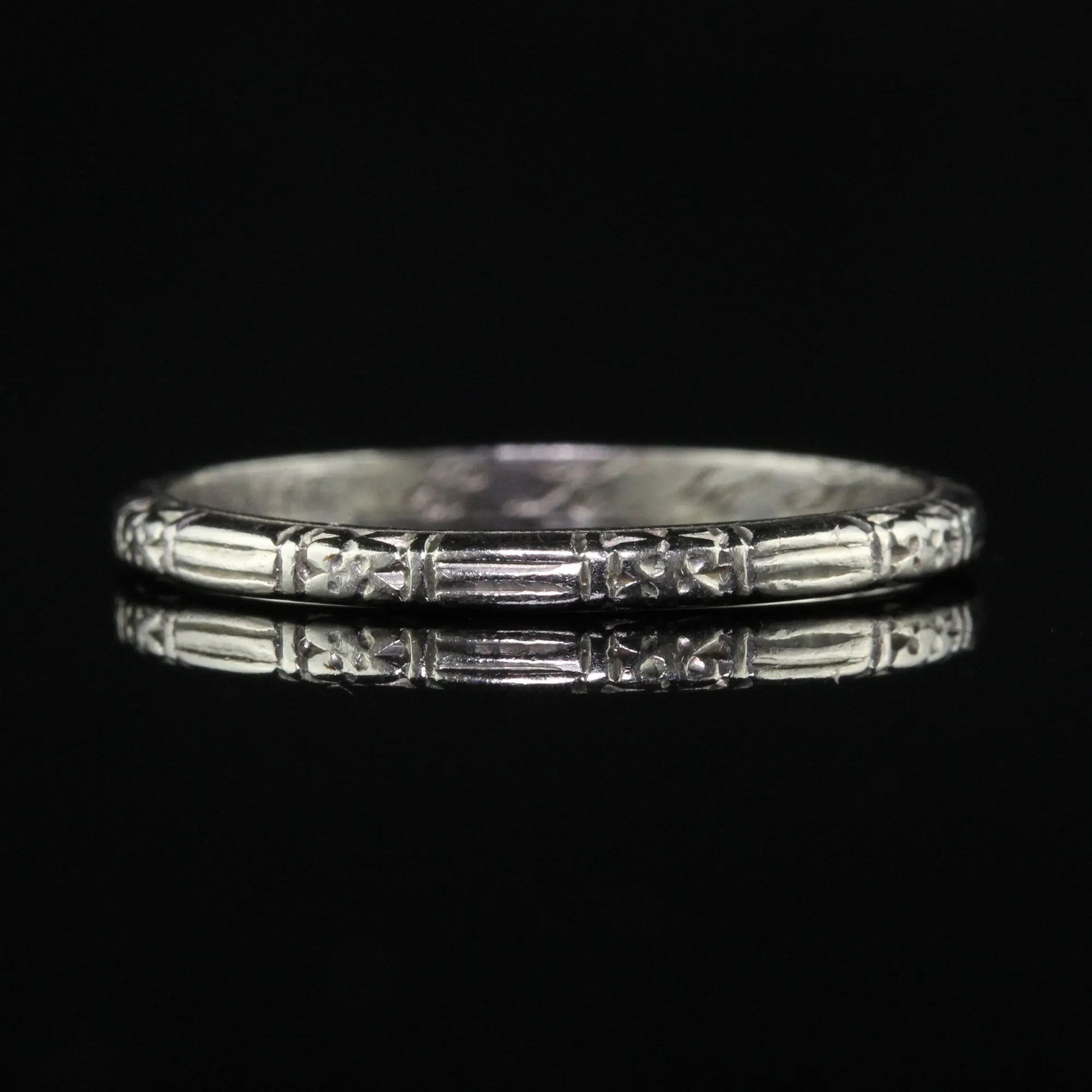 Antique Art Deco Platinum Blossom Engraved Wedding Band - Size 5 3/4