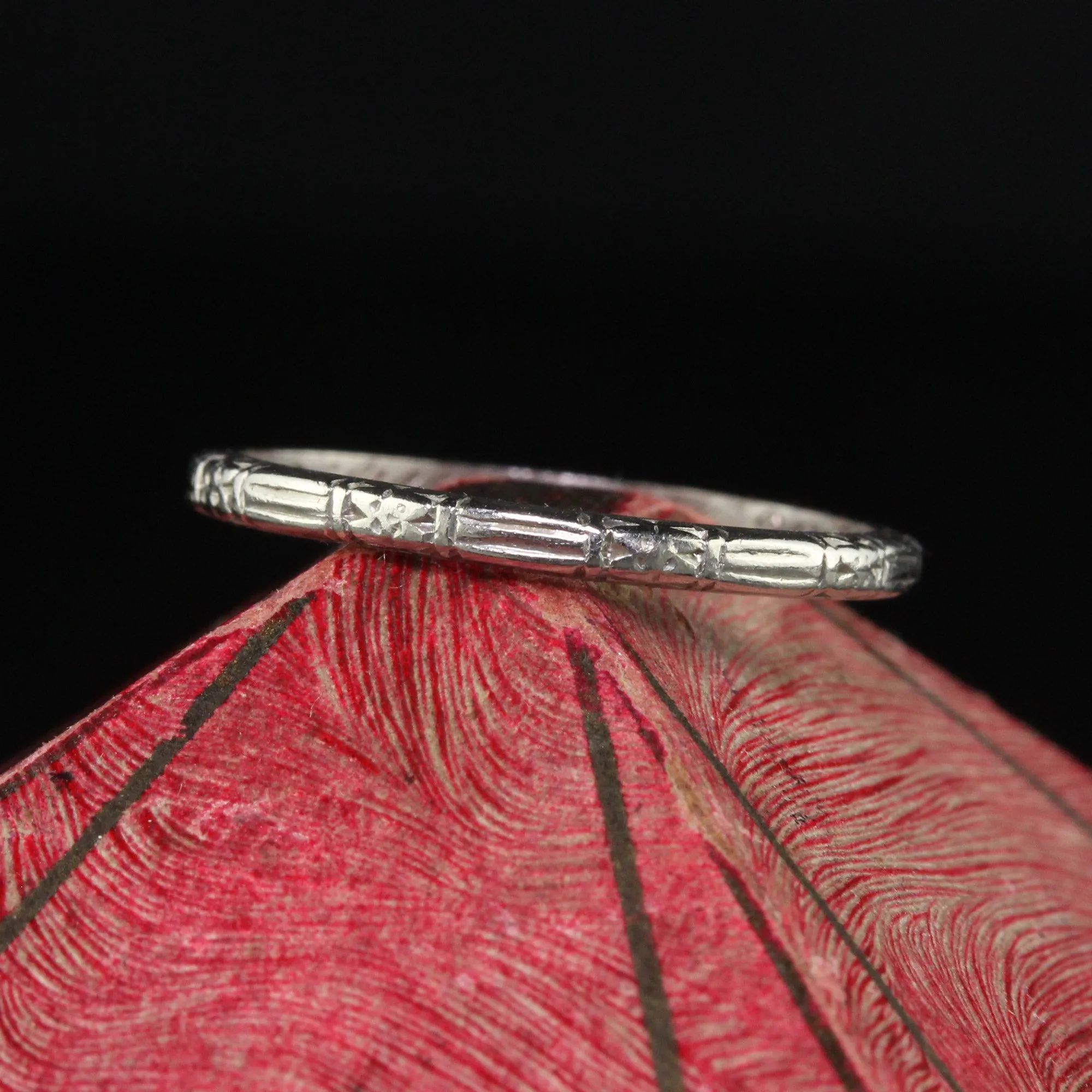 Antique Art Deco Platinum Blossom Engraved Wedding Band - Size 5 3/4