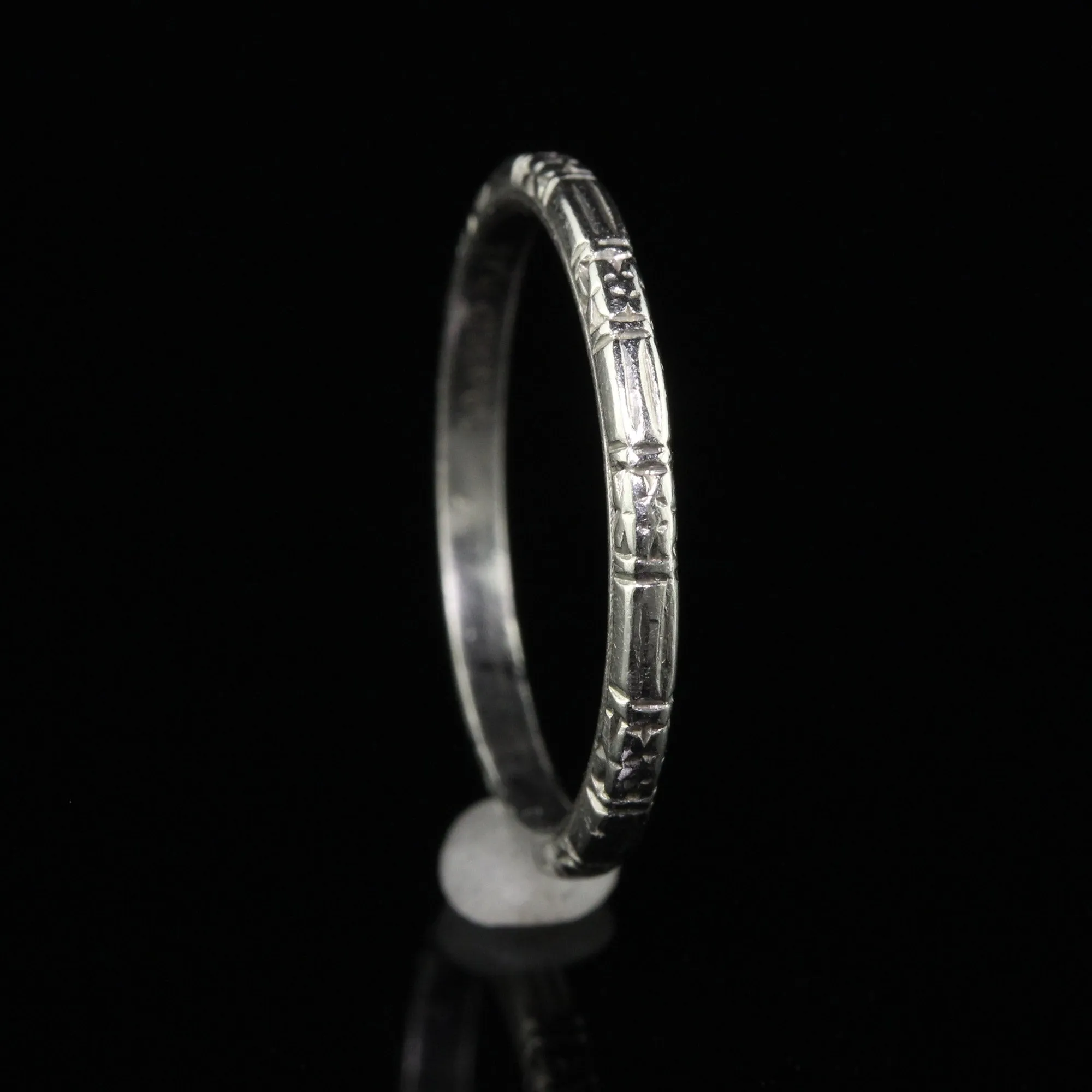 Antique Art Deco Platinum Blossom Engraved Wedding Band - Size 5 3/4