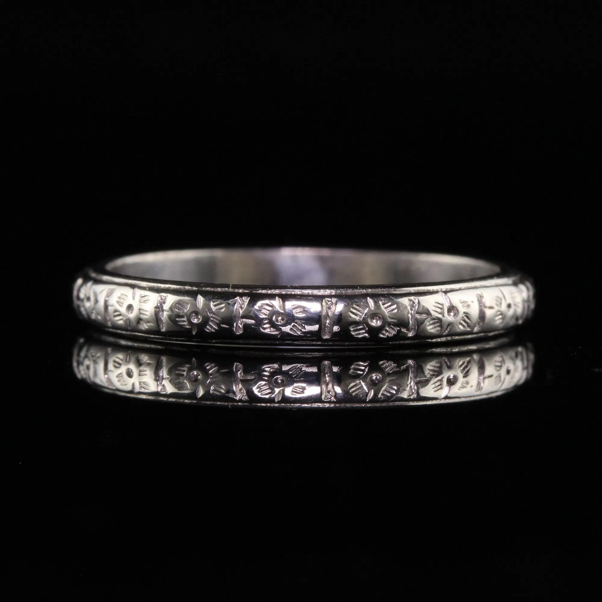 Antique Art Deco Platinum Blossom Engraved Wedding Band - Size 6 1/4