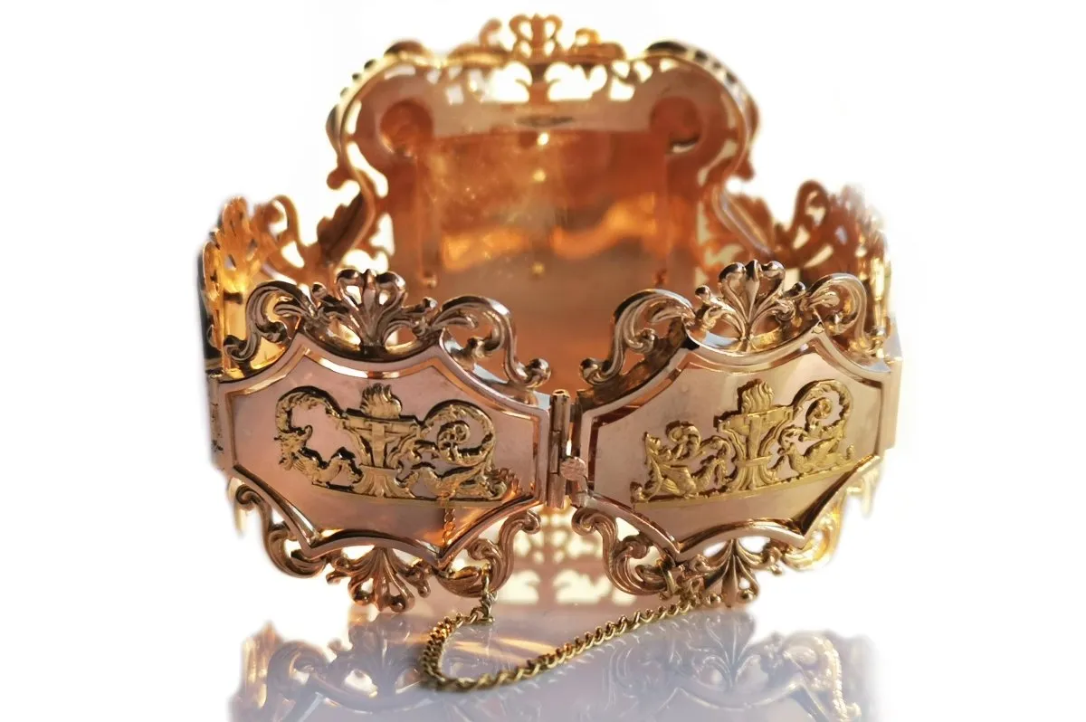 Antique French Louis Philippe 1840 18k Yellow & Rose Gold Neo Classical Cuff Bracelet