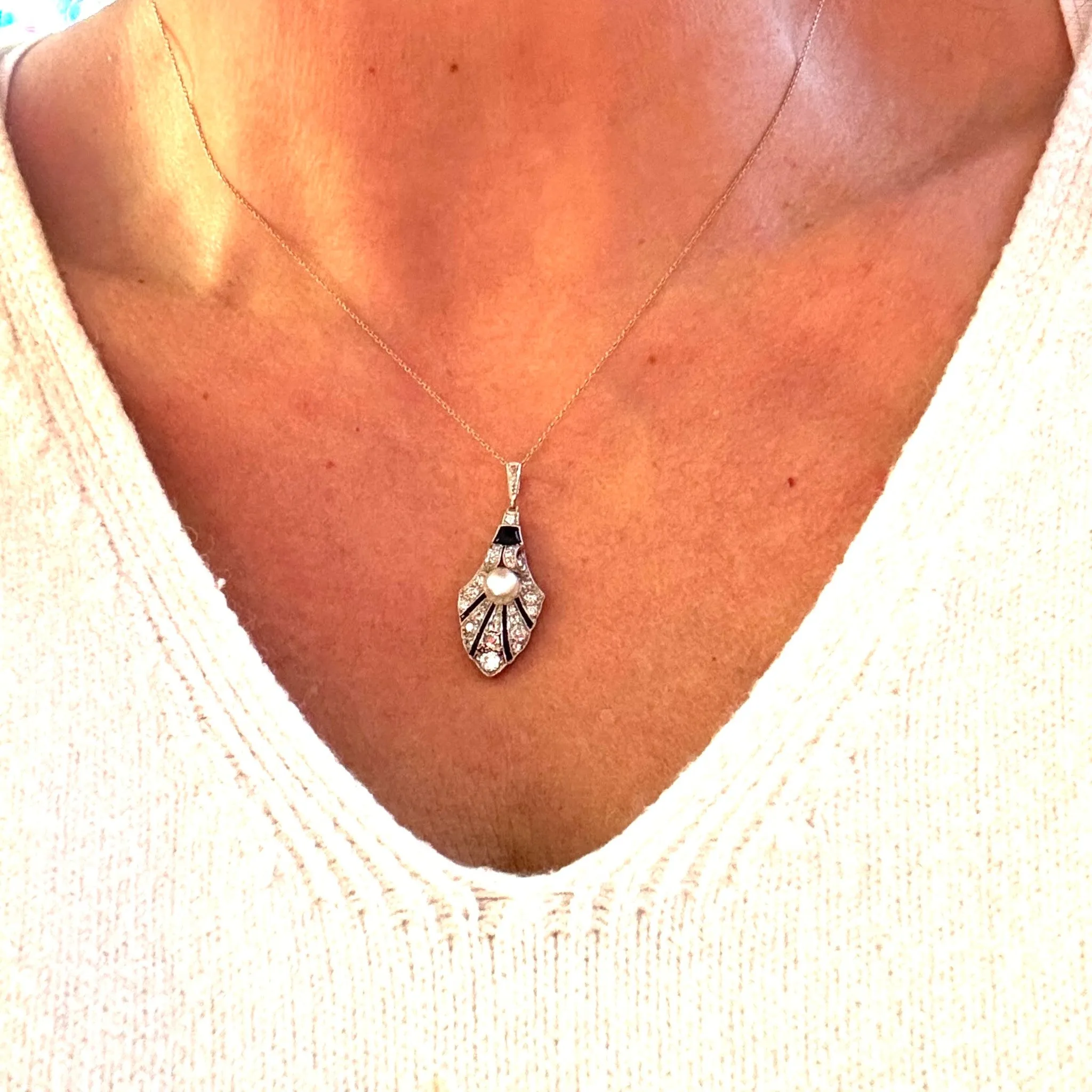 Art Deco Platinum Natural Pearl, Diamond & Onyx Palmette Pendant