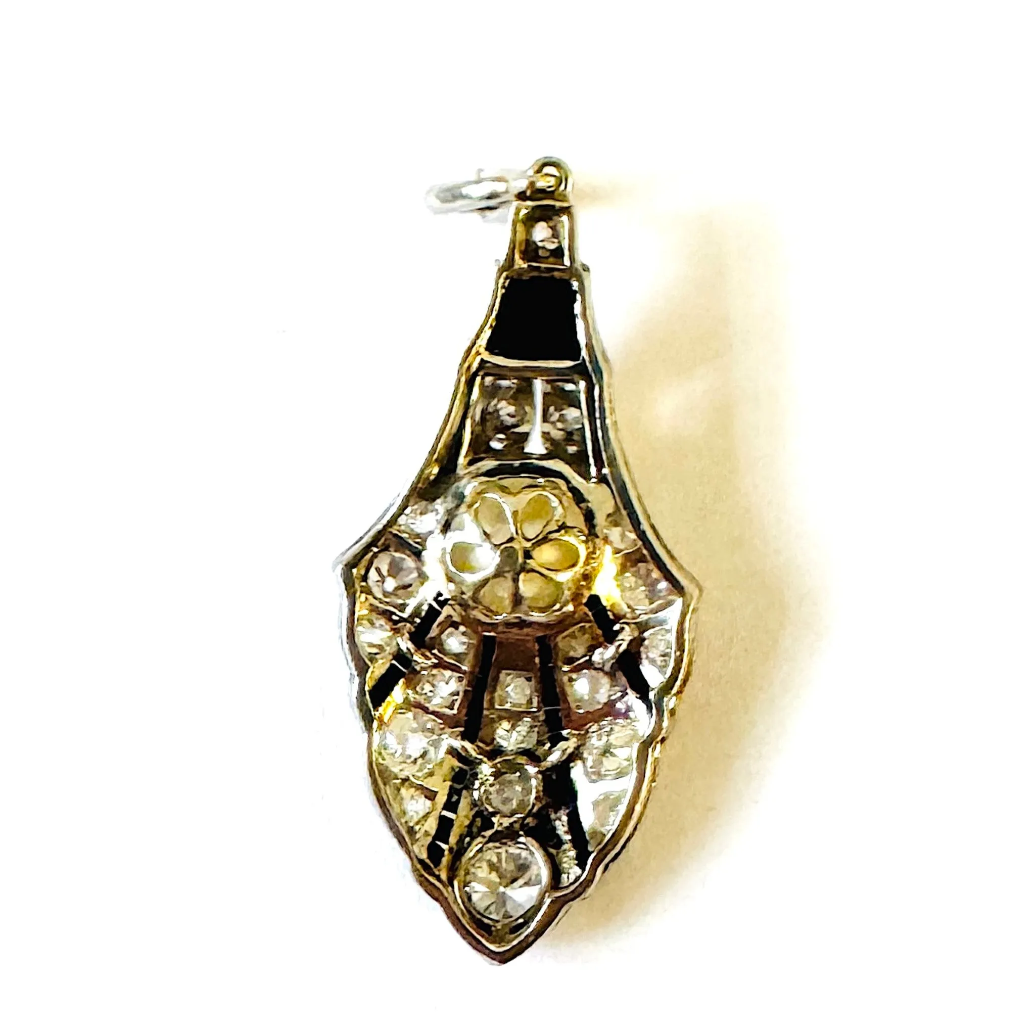 Art Deco Platinum Natural Pearl, Diamond & Onyx Palmette Pendant