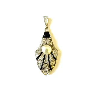 Art Deco Platinum Natural Pearl, Diamond & Onyx Palmette Pendant