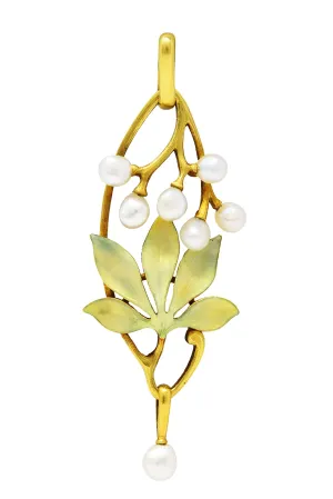 Art Nouveau Pearl Enamel 18 Karat Gold Pendant