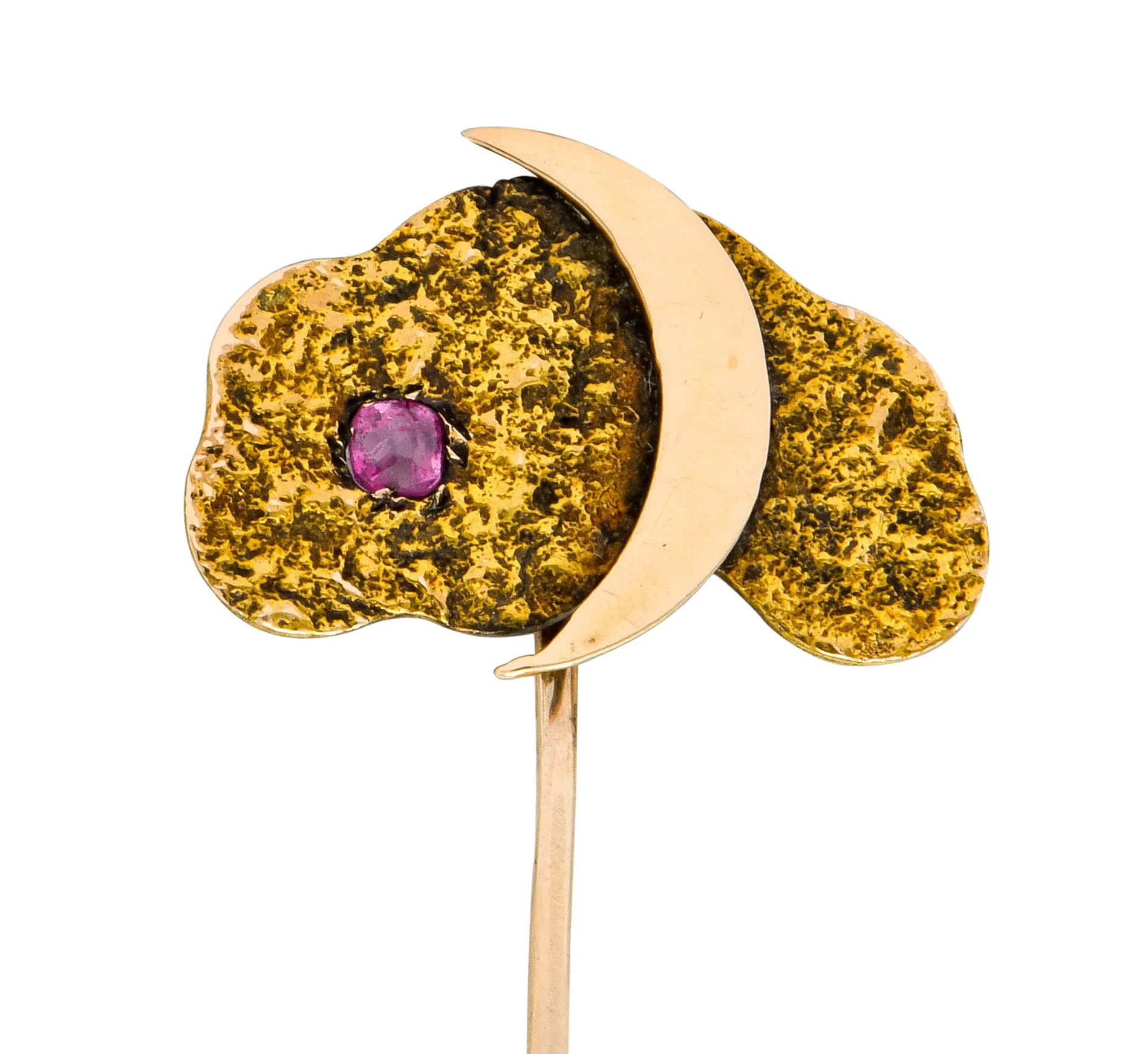 Art Nouveau Ruby 14 Karat Two-Tone Gold Crescent Moon Night Sky Stickpin
