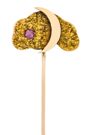 Art Nouveau Ruby 14 Karat Two-Tone Gold Crescent Moon Night Sky Stickpin