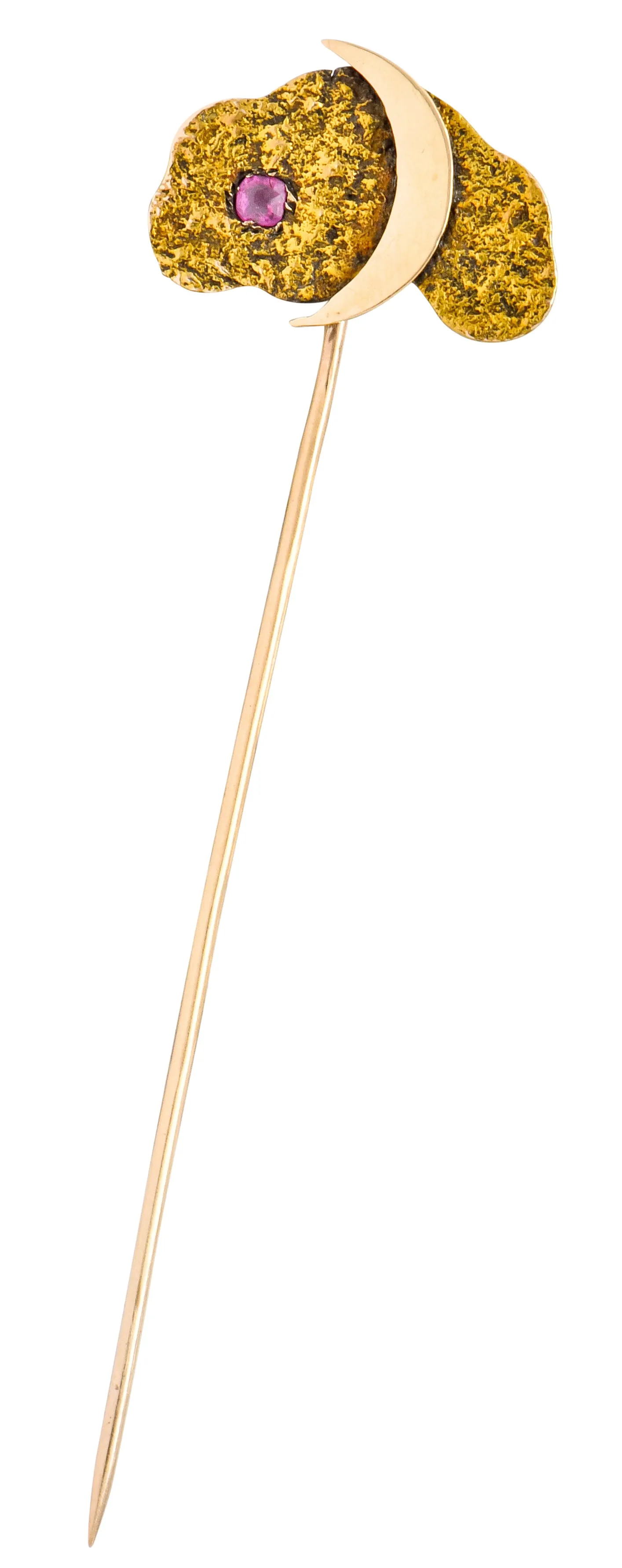 Art Nouveau Ruby 14 Karat Two-Tone Gold Crescent Moon Night Sky Stickpin